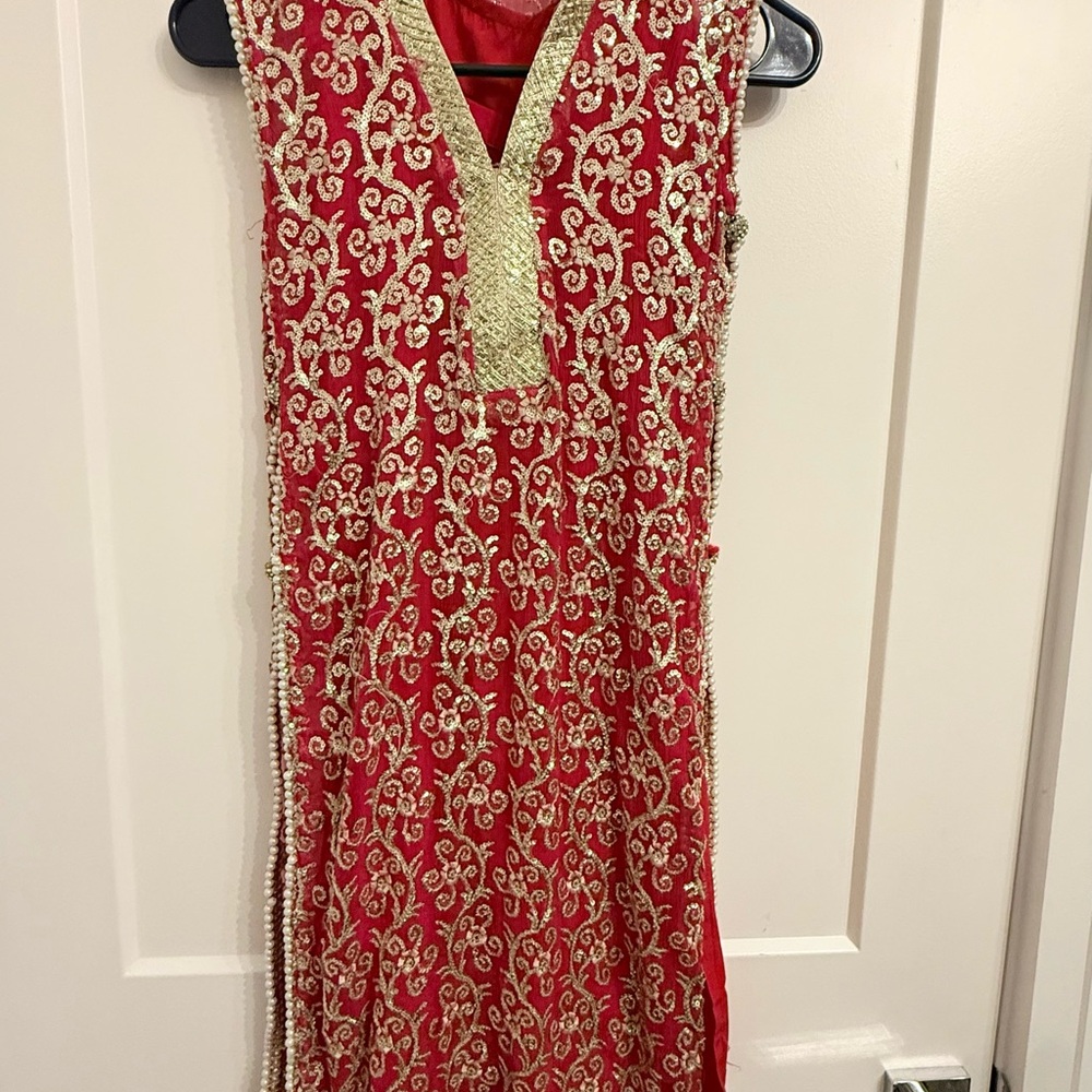 Pakistani Girls Red and Gold Embroidered top